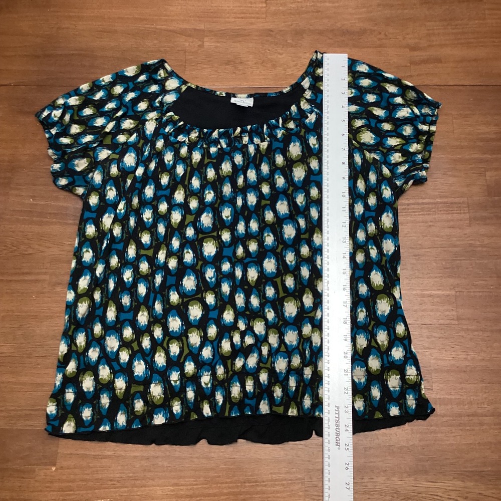 Worthington Womens XL Blue Green Abstract Print Short Sleeve Lined Blouse - Picture 6 of 7